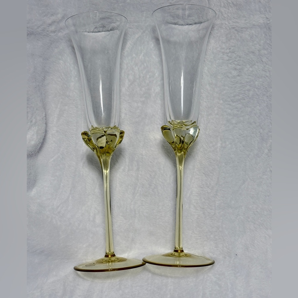 Pair of Vintage Hungarian Art Glass Amber Floral Stem Champagne Flutes